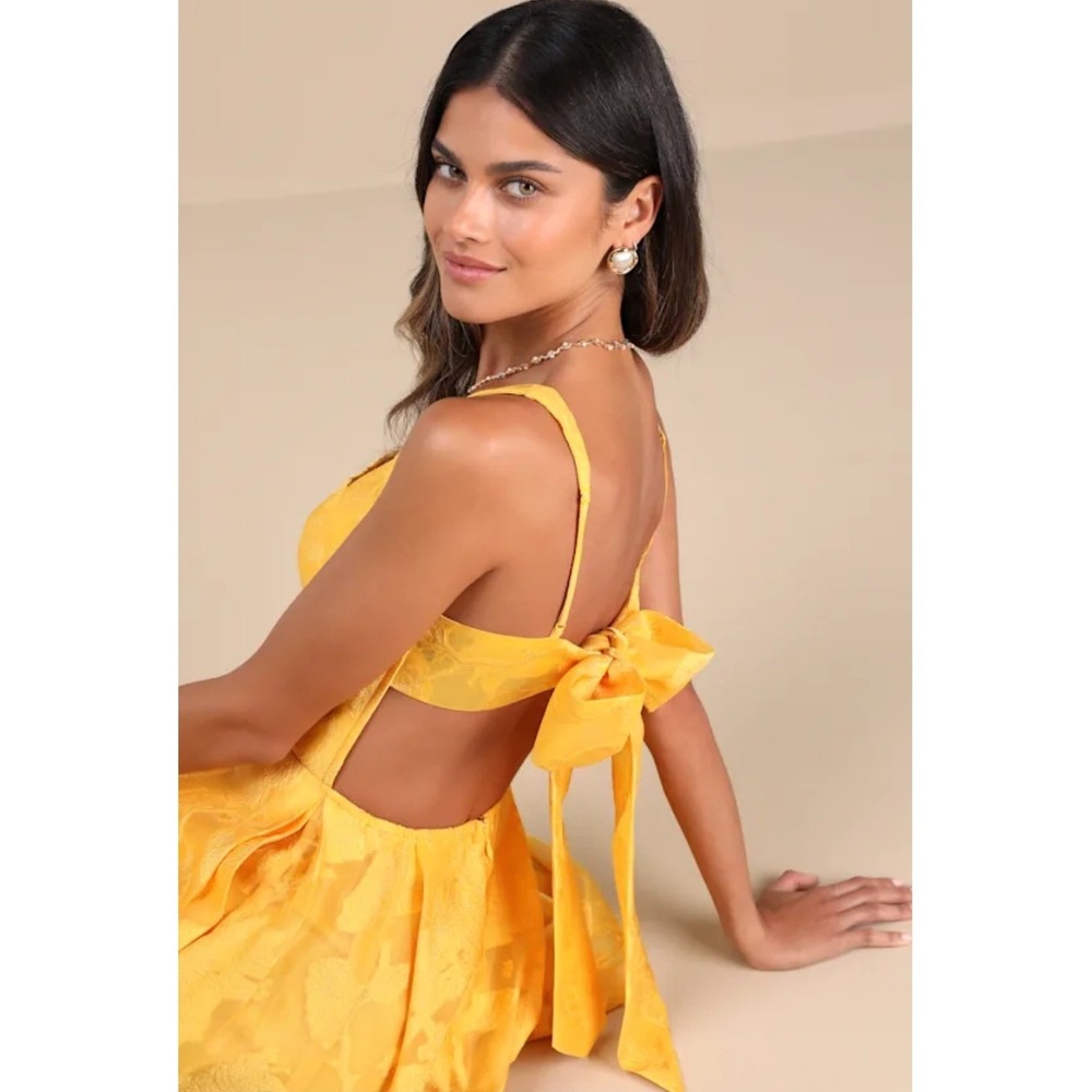 Lulus Perfected Aura Yellow Floral Jacquard Bow‎ Back Maxi Dress With Pockets S - Picture 2 of 9